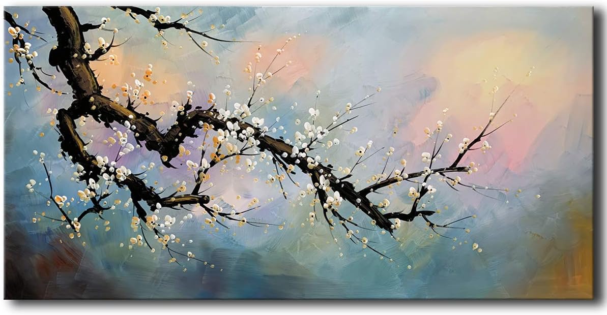 Paintings - Hand Painted Plum Blossom Wall Art Flower Oil Painting on Canvas