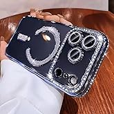 Magnetic Clear Glitter Case for iPhone 17 Pro Max,[Compatible with Magsafe],Cute Sparkly Bling Diamond Camera Lens Protector Soft Plating TPU Bumper Women Girls Phone Case for iPhone 17 Pro Max, Blue