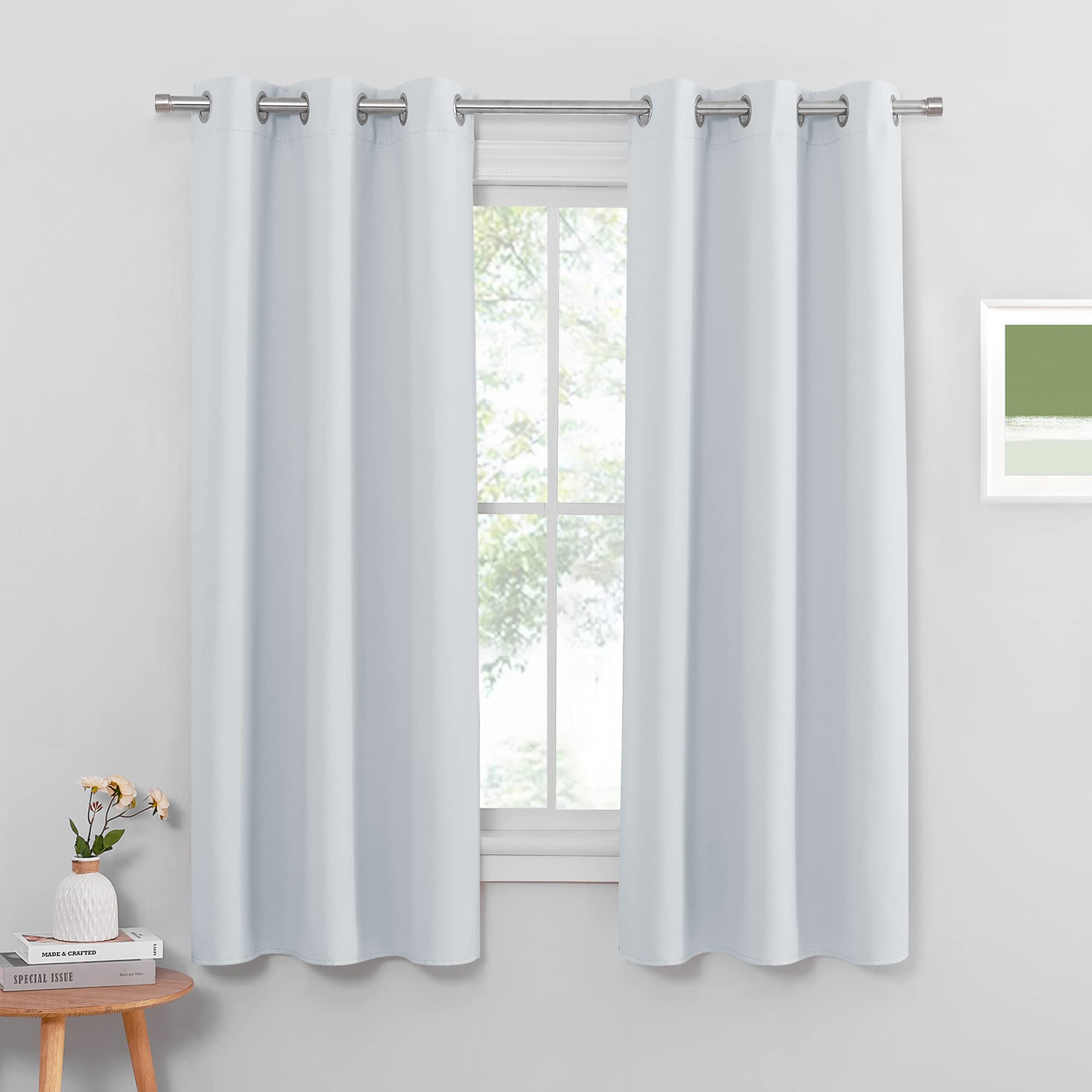 PONY DANCE Short Kid's Curtains for Bedroom - Thermal Insulated Energy Saving Curtain & Drapes with Silver Rings for Home Decoration, 42 in Width by 63 Inch Drop, Greyish White, 1 Pair — image 1