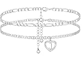ABDOT Initial Ankle Bracelets for Women 2pcs 18K Gold Plated Handmade Layered Letter Heart Figaro Chain Flat Mariner Anklets for Women Cute Summer Beach Foot Jewelry