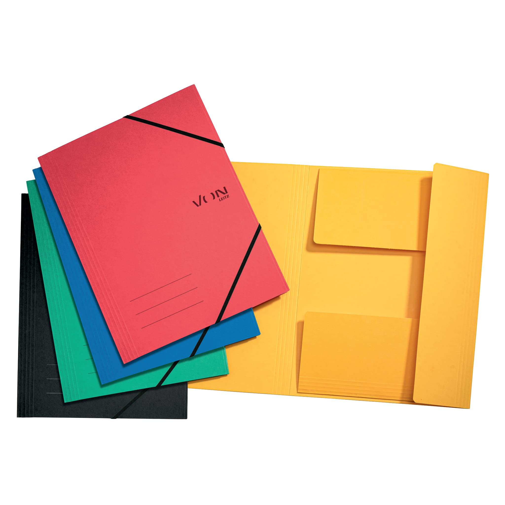 VON Leitz 30081099 Pack of 5 A4 Folder with Elastic Closure, Flexible Cardboard, for 150 Sheets, Silver Print, Lightweight Folder for School and Home, Multicoloured