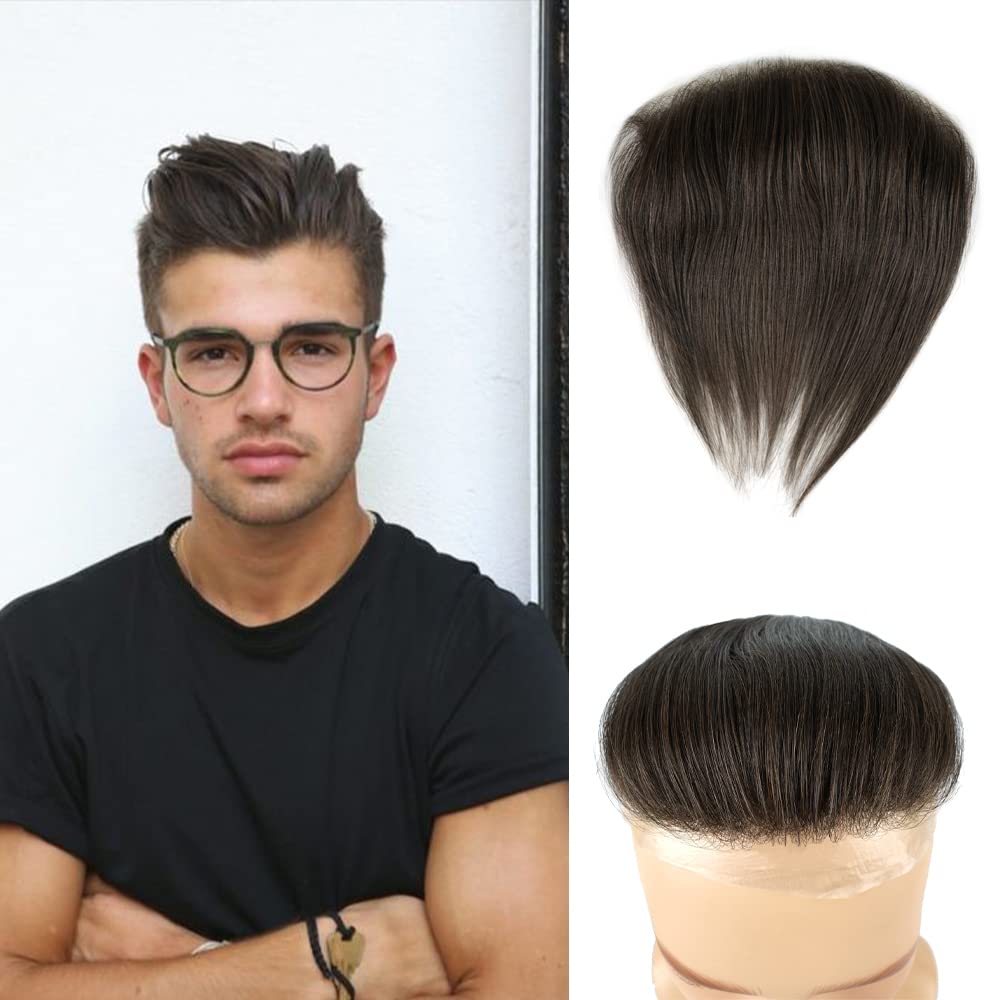 Lordhair V-Shape Frontal Hairpiece for Men, Natural Human Hair System with PU Thin Skin for Receding Hairline Coverage