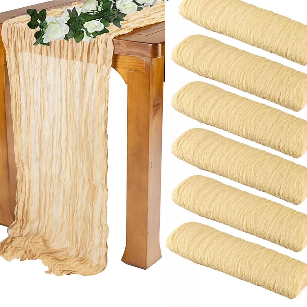 Treesunshine 6 Pack 10FT Cheesecloth Table Runner, Hessian Table Runner for Wedding Decor, Gauze Tablecloth, Tartan Tablecloth, Gauze Semi-Sheer Table Runner, Rustic Wedding Table Decor, Champagne