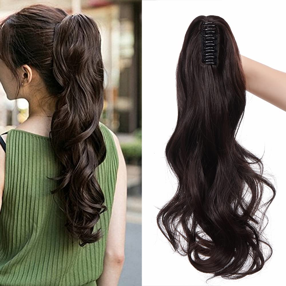 Claw On Ponytail Extension Matte Material 18 Inch/45cm Curly Wavy Clip In Pony tail Synthetic Hairpiece, Dark Brown