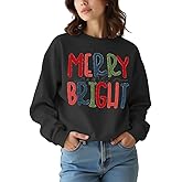 MODNTOGA Women's Merry and Bright Crewneck Sweatshirt Long Sleeve Merry Christmas Sweatshirt Retro Fall Winter Pullover Tops
