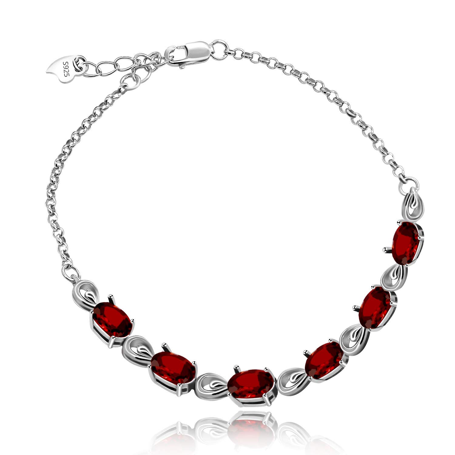 925 Sterling Silver Natural Garnet Bracelet Oval Cut Red Crystal 6 Stones Link Bracelet Platinum Plated FB054-Garnet-Silver