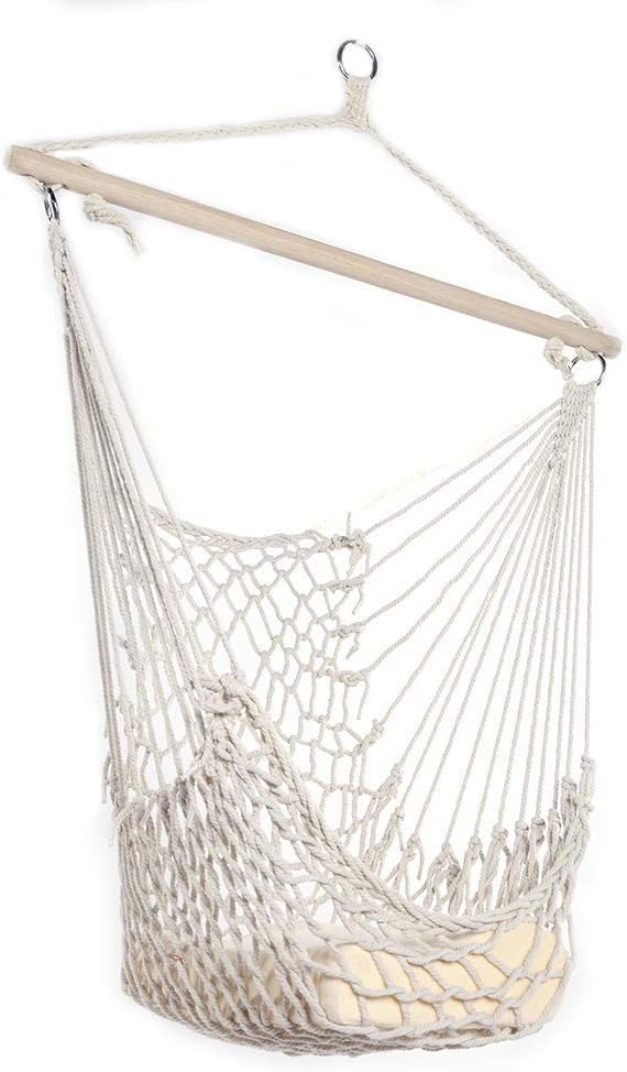 Gonikm Hammock Chair Macrame Swing, Hanging Cotton Rope Macrame Hammock Swing Chair for Indoor, Outdoor Home, Patio, Porch, Deck, Yard, Garden (Beige)