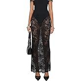 Women Sheer Lace Maxi Skirt Y2K Sexy Floral Mesh See Through Low Waist Flowy Long Skirt Vacation Beach Party Skirts