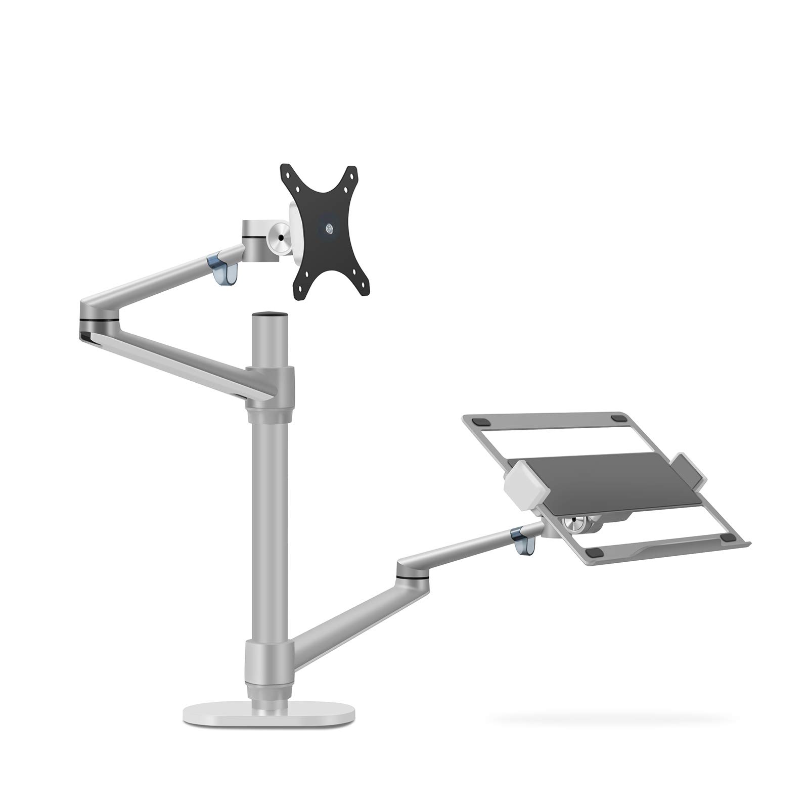 Thingy Club Dual Arm Monitor & Laptop Mount, Desk Mount Stand for up to 30 inch Computer Screen and 12-17 inch Laptop, Height Adjustable, Swivel at Any Angle, Each Arm Supports 8KG (Silver)