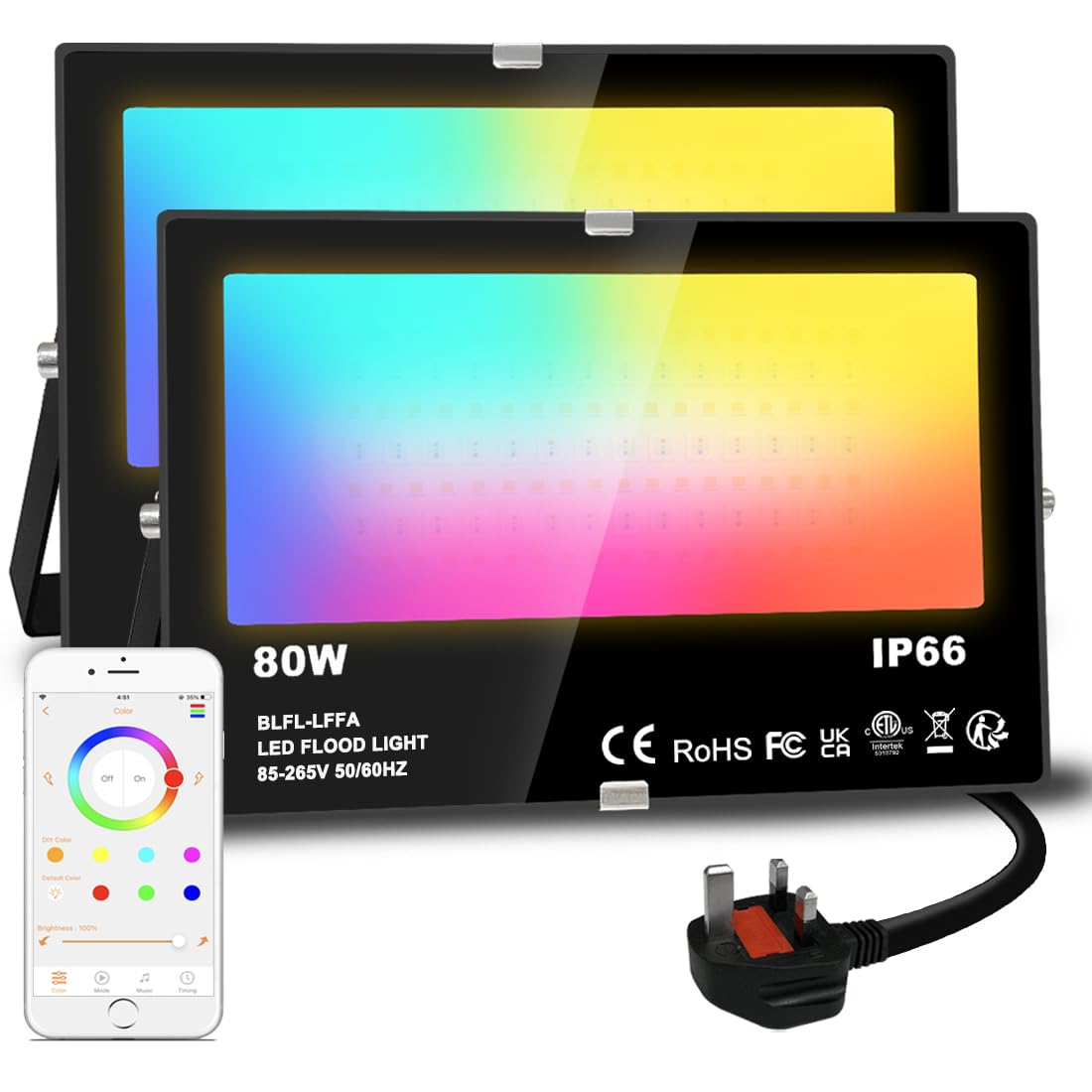 Lighting master LED Floodlight 80W Equivalent 8000LM, Smart RGB Flood Lights Outdoor with APP Control, Colour Changing + Warm White, Timing - Scene - Garden Lighting, IP66 Waterproof, UK Plug（2 Packs