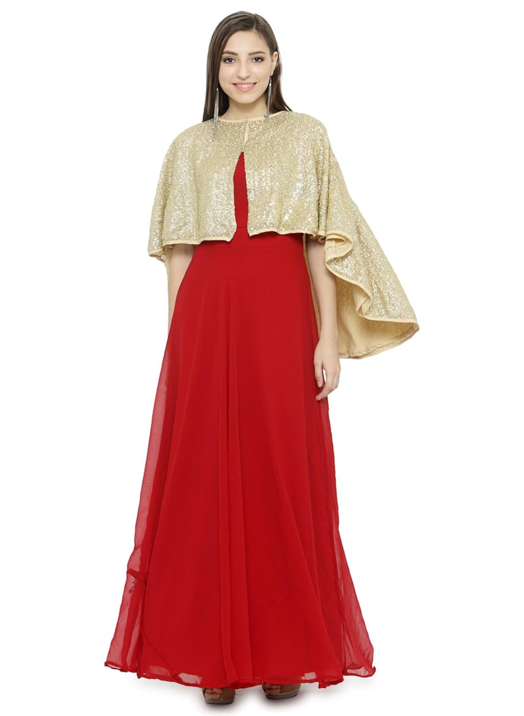 just wow maroon & golden poly georgette women's dress