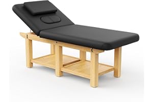 POUSEAYAR Wood Wide Stationary Massage Table for Treatment Table Physical Therapy Table Spa Facial Bed, PU Leather 31.5'' Wide 75'' Long Heavy Duty Professional Stationary Massage Bed - Black, 6-Legged