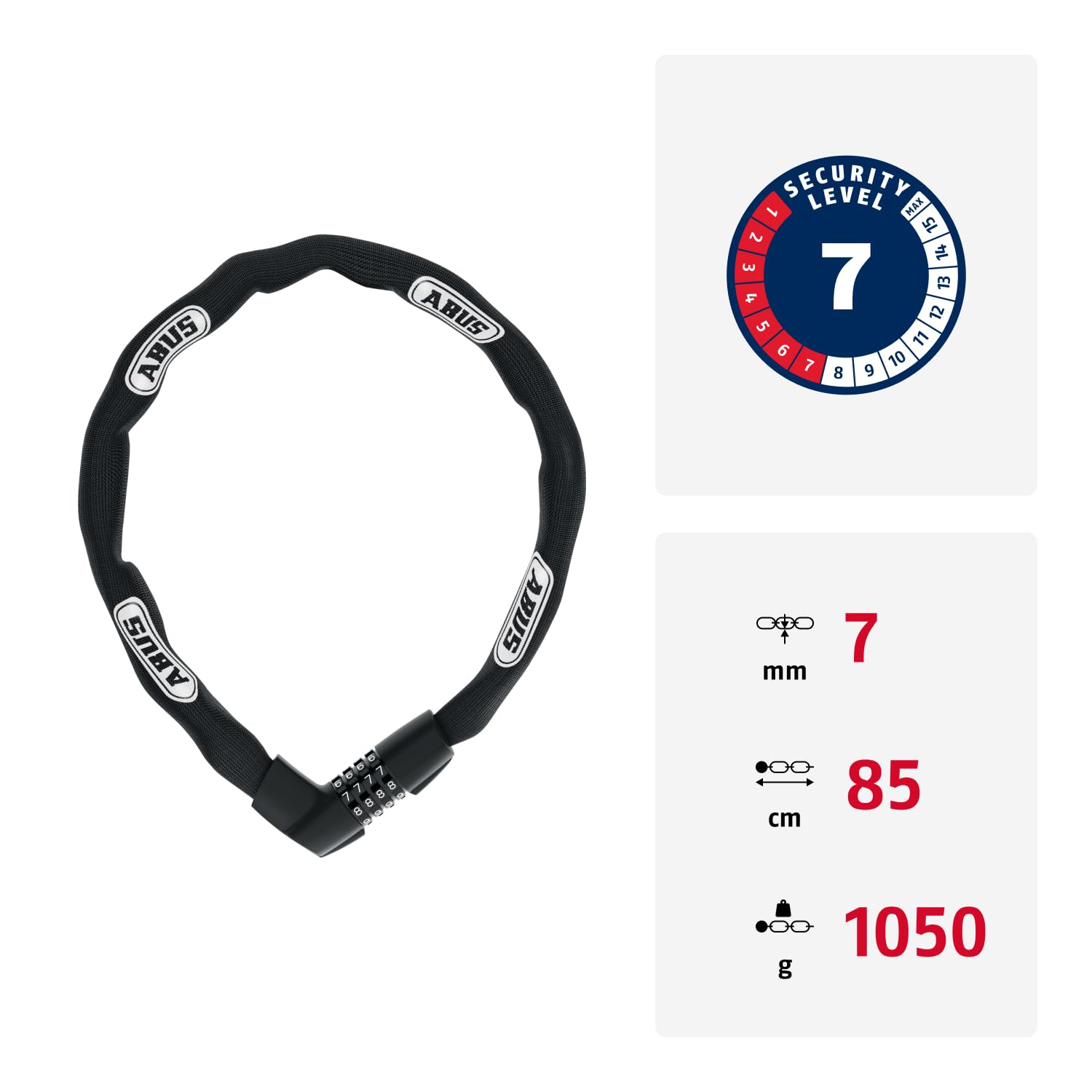 ABUS Kettenschloss Tresor 1385 – Zahlenschloss aus gehärtetem Stahl – 7 mm starke Vierkantkette – ABUS-Sicherheitslevel 7 – 85 cm – Schwarz 2