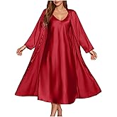 Satin Nightgown and Robe Sets for Women 2 Piece Sexy V-Neck Silk Slip Dress Long Chemise Sleepwear Pajamas with Belt