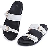 COZY SEEKER Women's Sandal Slide, Handmade Soft Cushioned Footbed Open Toe Slides, Adjustable Slip On Flat, Size 9 White