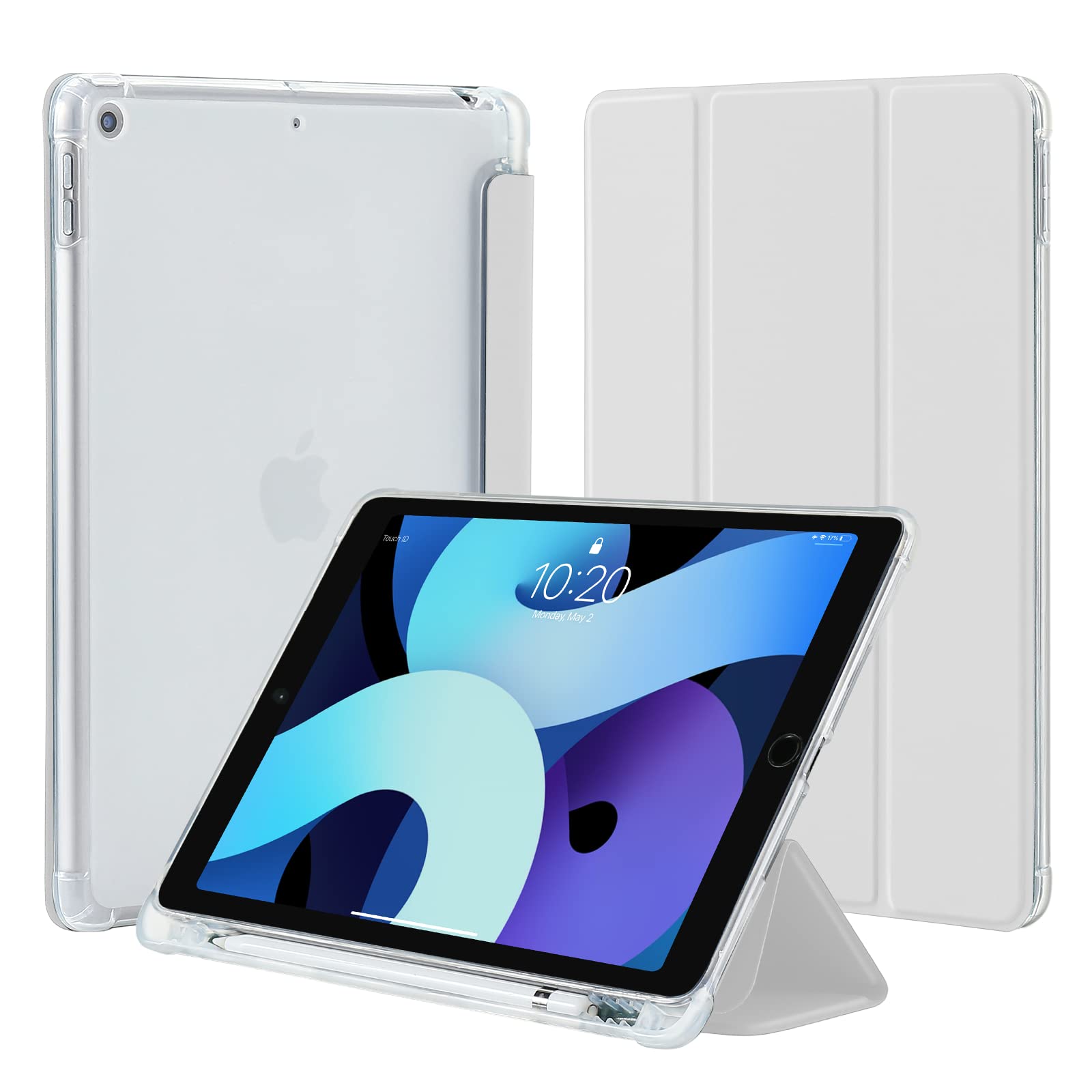 4UBonLife Case for iPad 10.2 inch 9th 8th 7th Generation Case 2021/2020/2019 with Pencil Holder, Slim Stand Smart Case Soft TPU Translucent Frosted Back Cover Shell for Apple iPad 9/8/7, Light Grey