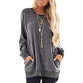 Panmouo Long Sleeve T Shirts Round Neck Sweatshirts Color Block Tunic Loose-Fitting Blouses Cozy Top with Pockets
