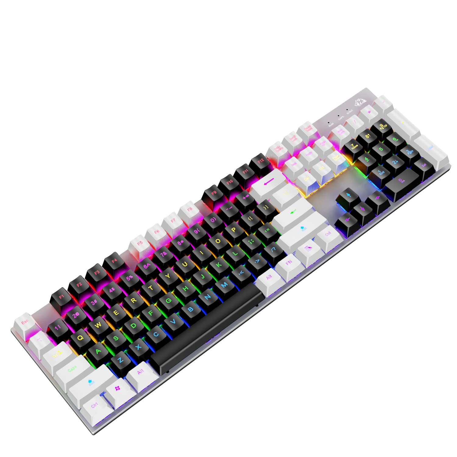 Basaltech Mechanical Gaming Keyboard with White LED Backlit, 104-Key Anti-Ghosting Blue Switch Ergonomic Metal Panel Classic Keycaps Light Up Keyboard Wired USB for PC, Laptop, Mac