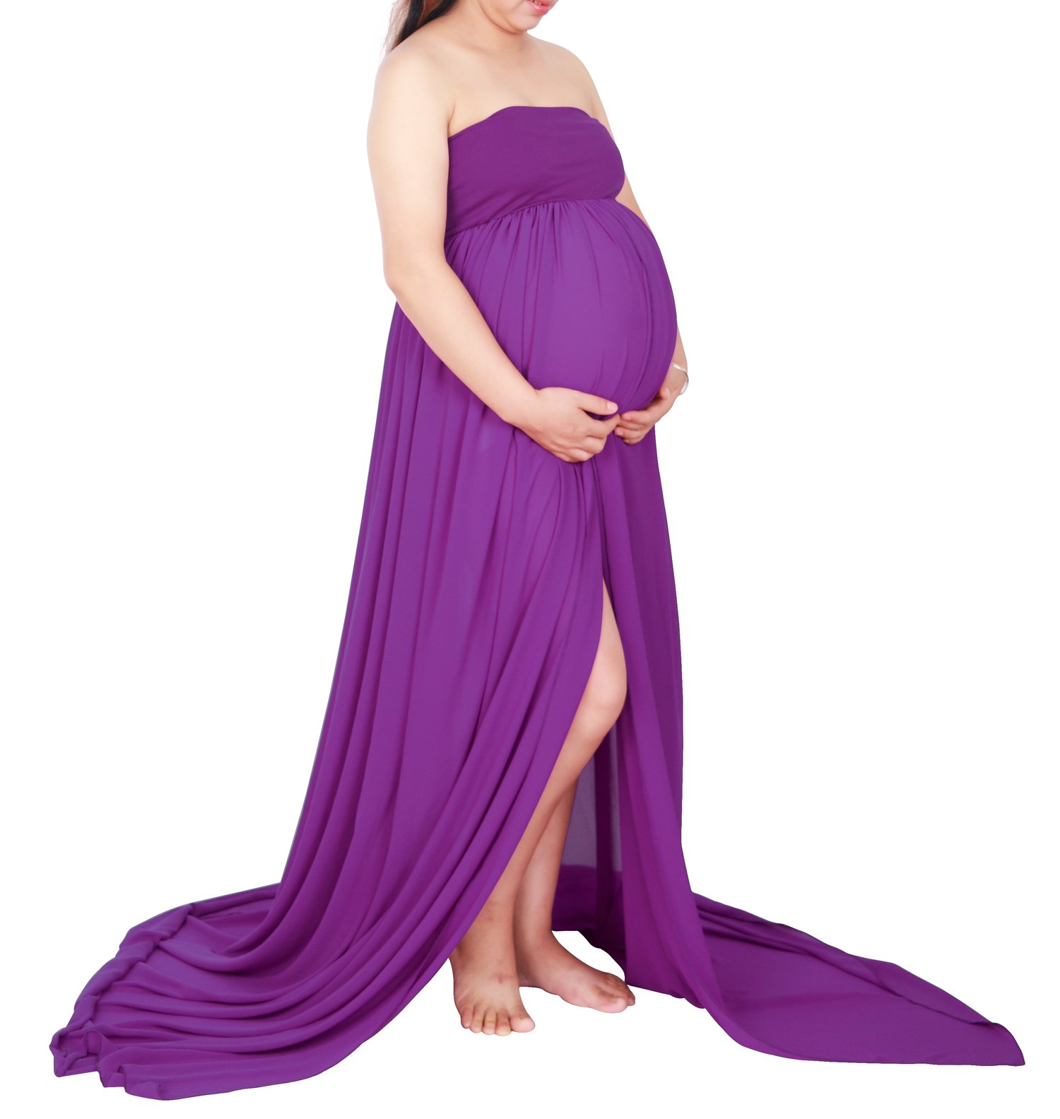 Gititlys Boob Tube Top Split Front Maxi Chiffon Maternity Dress for Photoshoot Purple
