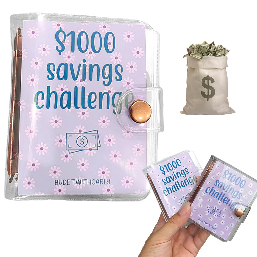 FineInno 1000 Savings Challenge Mini Binder, Portable Money Budget Planner Book Binder with Cash Envelopes, Easy and Fun Way to Save Reusable Budget Saving Organizer