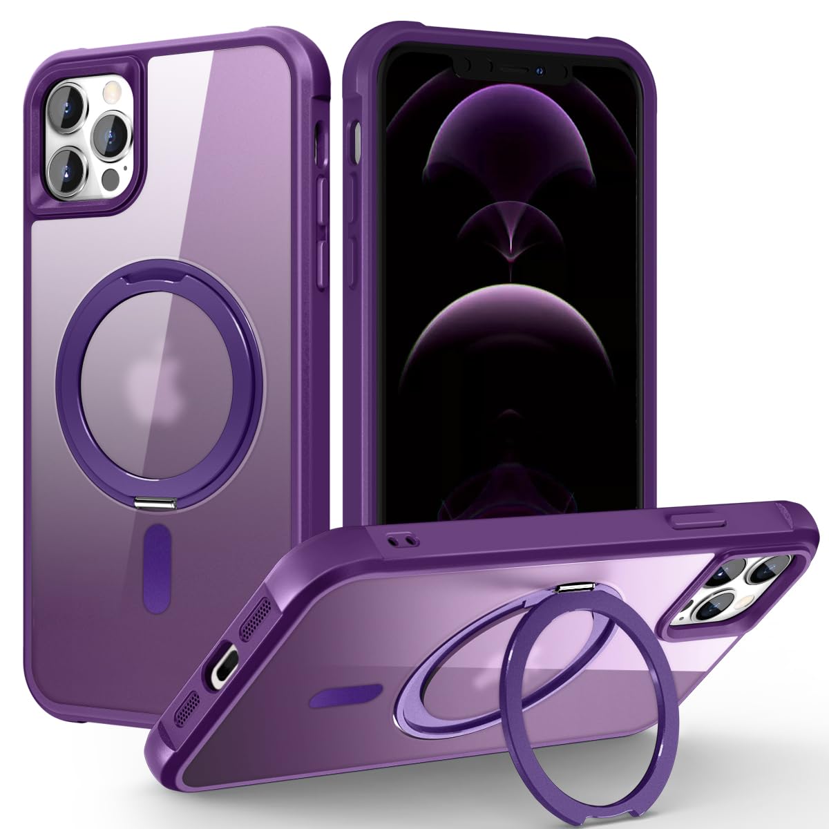 Photo 1 of TOKVANZ for iPhone 12/12 Pro Case with 360° Rotatable Magnetic Ring Stand [Compatible Mag-Safe] [Military Grade Protection] Translucent Matte iPhone 12/12 Pro Phone Cases for Women Men 6.1'', Purple