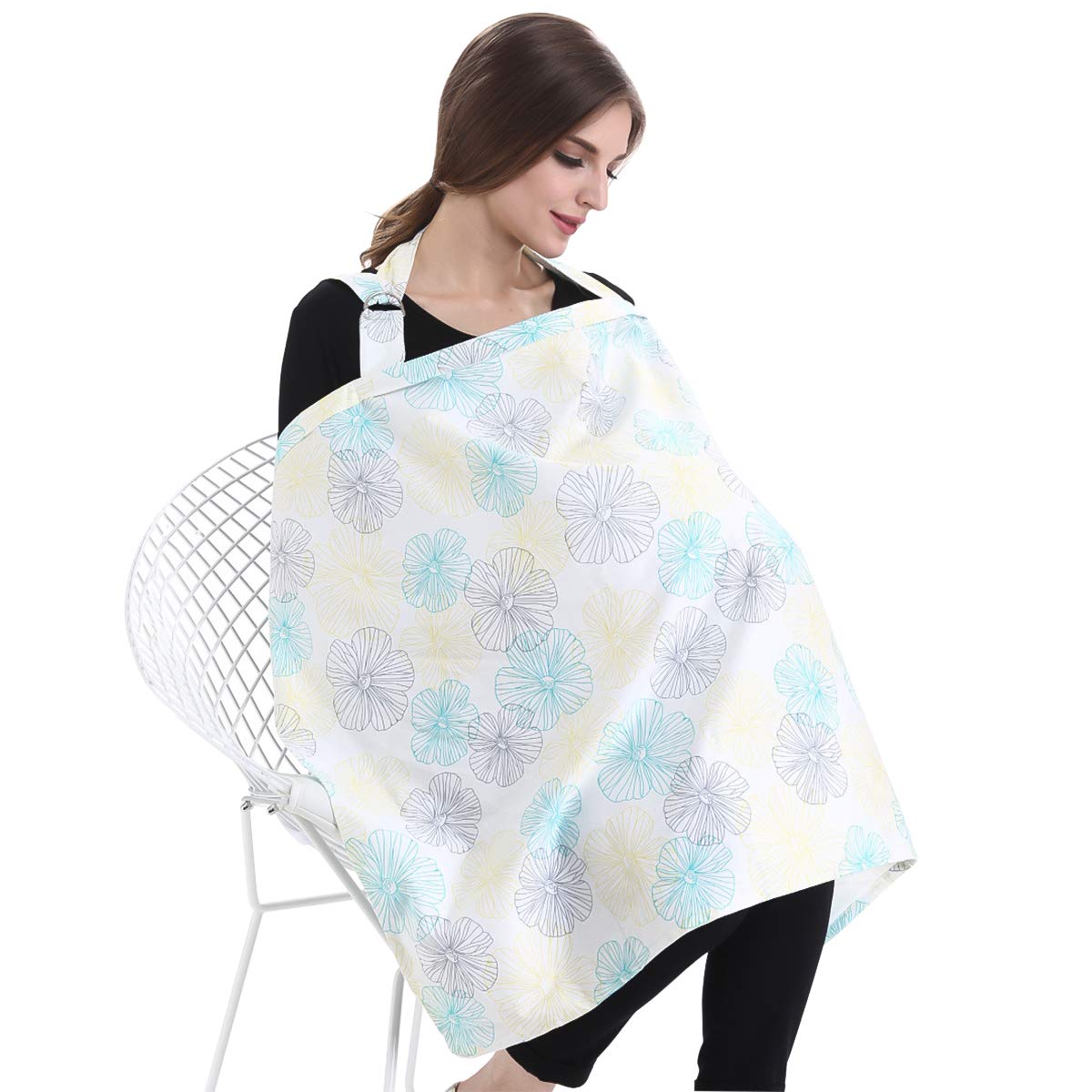 SONARIN Stylish Premium Breastfeeding Nursing Covers,Flower Pattern,with Storage Bag & Towel Corners,4 in 1 Multifunction,Nursing Scarf,Breathable & Lightweight(White)
