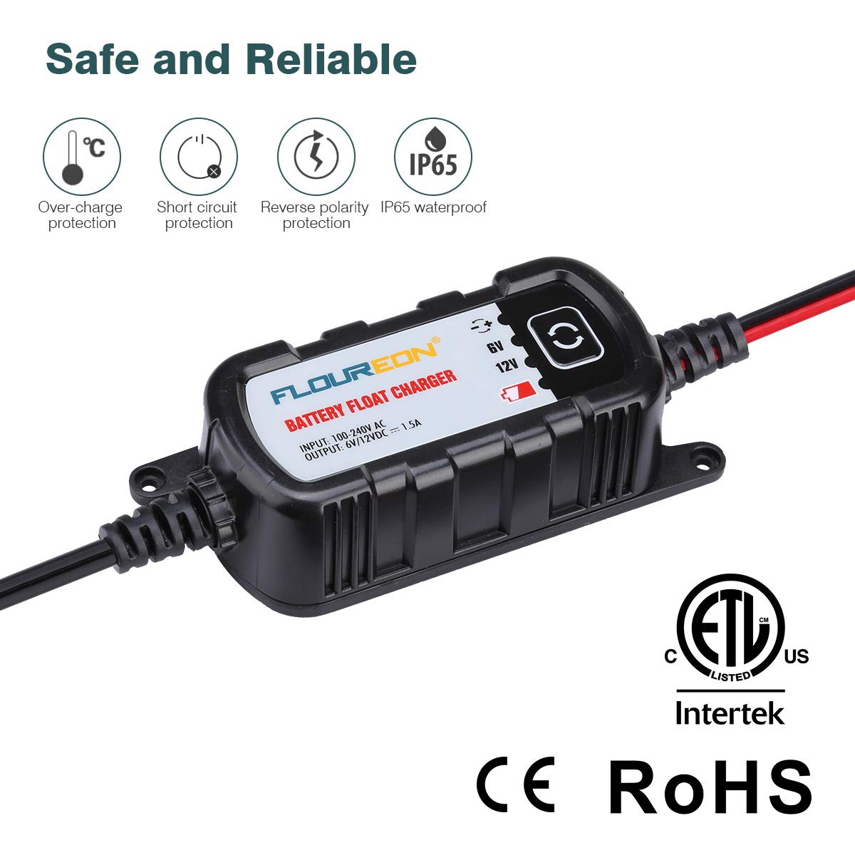 FLOUREON 6V/12V 1.5Amp Car Battery Charger Maintainer with LED Indicators Auto Trickle Charging for Automotive Vehicles Lawn Mower Boats RV AGM