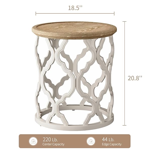 KARLOTT FARMHOUSE END TABLE, 18.5” FRENCH COUNTRY ROUND SIDE TABLE, DISTRESSED TRAY TOP SIDE TABLE WITH CURVED MOTIF FRAME BASE FOR BOHO, END TABLES LIVING ROOM, BEDROOM, SMALL SPACE, EASY ASSEMBLY