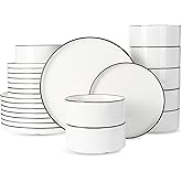 Famiware Porcelain Dinnerware Set, 24-Piece Modern Plate and Bowl Set, dish set for 8, Microwave and Dishwasher Safe Tableware, White with Black Trim