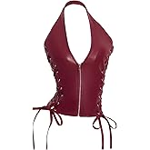 Floerns Women's Leather Lace Up Deep V Neck Halter Tops Sleeveless Y2k Going Out Tank Tops