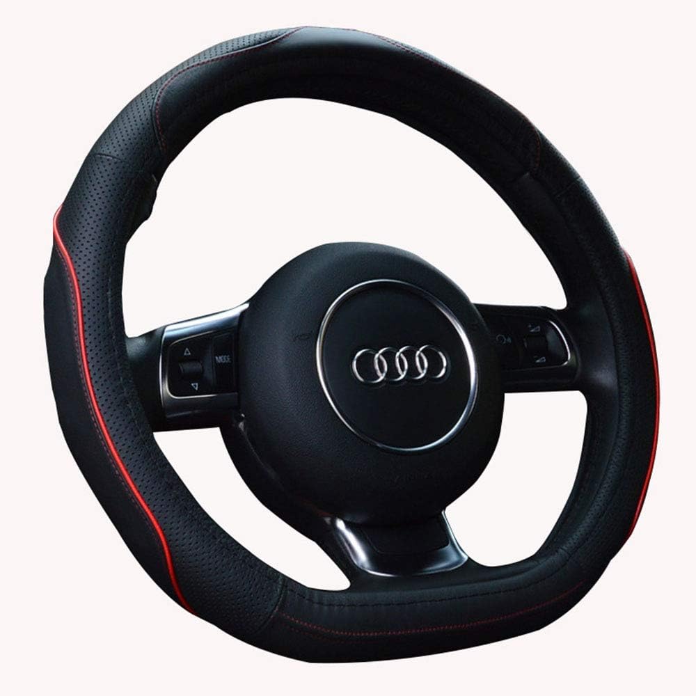 Car Steering Cover Leather D-Type Four Seasons Universal Leather Handle Cover 1 Pack (Black Red Line, 38cm)