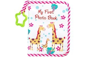 Buviagem Baby Soft Cloth Album; Baby‘s My First Photo Book for Family Memery with Safe Mirror Holds 17 Photos Pink Giraffe