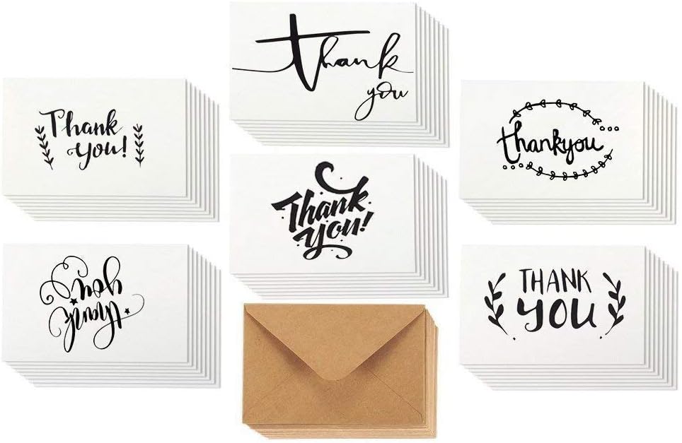 Thank You Cards Black & White Elegant Design for Wedding, Baby Shower, Bridal, Business, Anniversary - 36 Assorted Bulk Box, 6 Design Blank Inside 4 x 6 inch - Brown Kraft Envelopes Included (36)