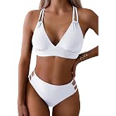 Fanuerg Women's Sexy V Neck Bikini Sets Hollow Out Two Piece Swimsuits Cutout Mid Waist Bathing Suit