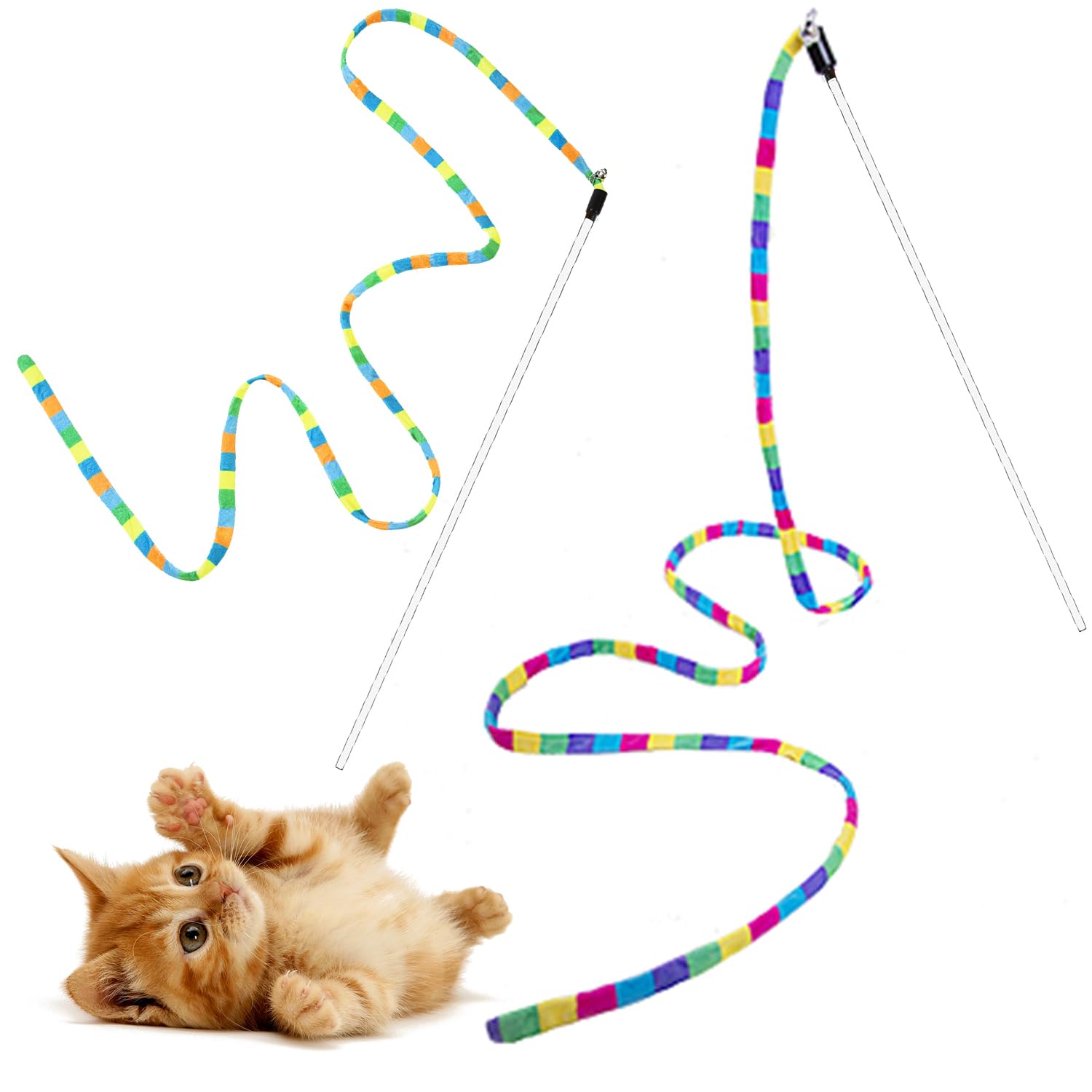 FYNIGO Interactive Cat Rainbow Wand Toys for Indoor Cats Adult and Kitten,Extended Colorful Cat Teaser Wand String Plush Toy,Original Product Strong and Sturdy Pole with Bells(2 Pack)