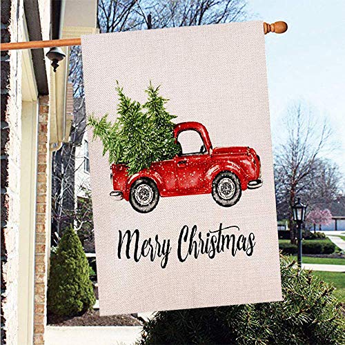 OZMI Merry Christmas Garden Flag, Xmas Double Sided Burlap Red Truck with Snow Winter Flag, Rustic Merry Christmas Decoration New Year Seasonal Outdoor Flag 12 x 18 for Holiday