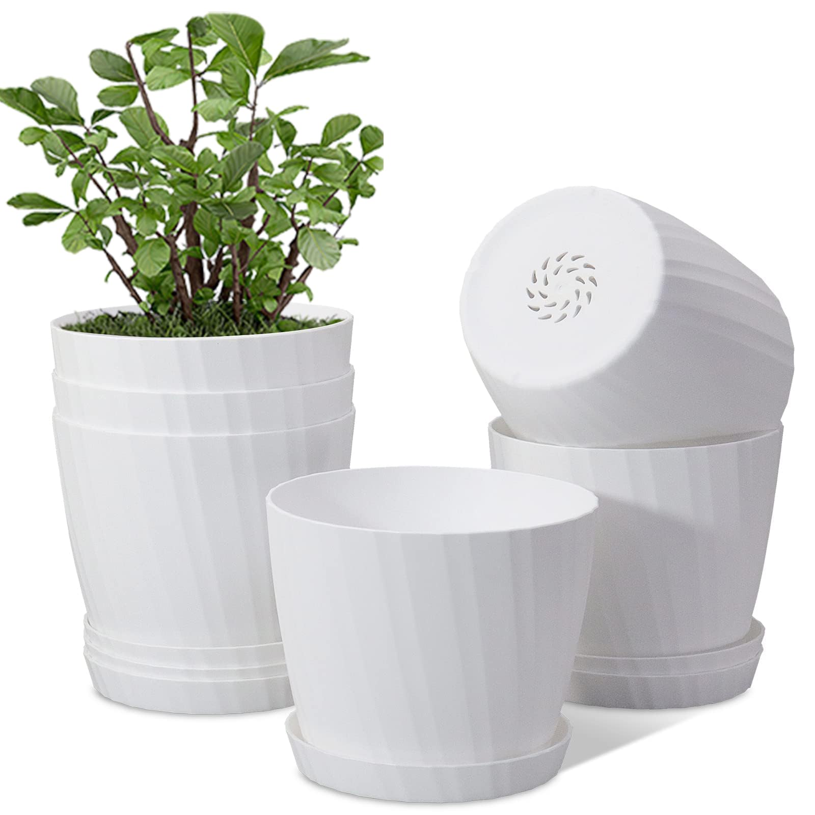 MUAEEOK 18CM 6 Pack Plant Pots Indoor Plastic Planters with Drainage Holes and Saucers for Indoor Outdoor House Plants and Flowers Modern Decorative Planter Pot for All House Plants (White)
