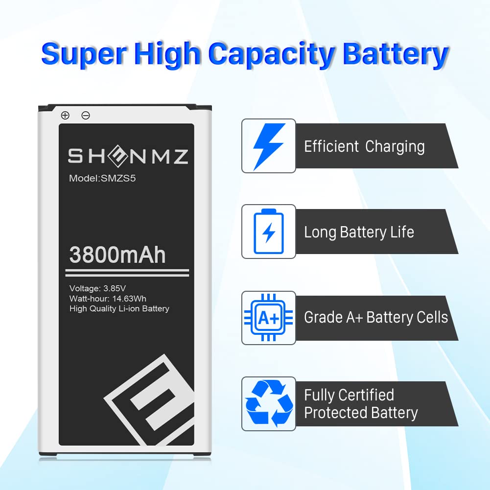 SHENMZ Galaxy S5 Battery,[Upgraded] 3800mAh Li-ion Replacement Battery for Samsung Galaxy S5 / S5 Active AT&T G900A,G900F,G900H,G900R4,I9600,SM-G900V,SM-G900P,SM-G900T,EB-BG900BBC