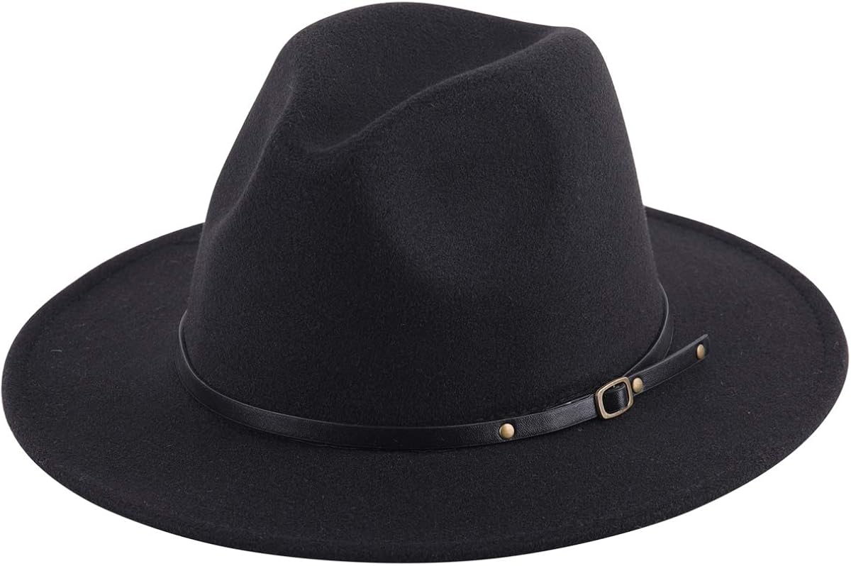 Lanzom Women Lady Retro Wide Brim Floppy Panama Hat Belt Buckle Wool Fedora Hat (Black, One Size) at  Women’s Clothing store