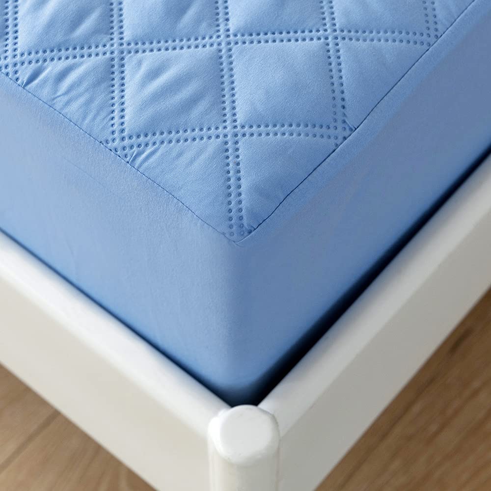 Quilted Waterproof Mattress Protector King Size,Microfiber Quilted Bed Sheet,35cm Extra Deep Mattress Cover/Topper (Sky blue, King)