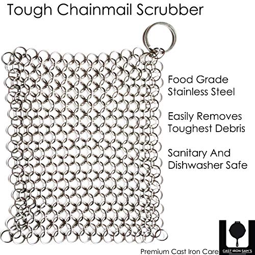 Stainless Steel Chainmail Cast Iron Scrubber and Seasoning Oil: Clean, Condition and Maintain Your Skillet, Dutch Oven, Grill Pan and all Castiron Cookware