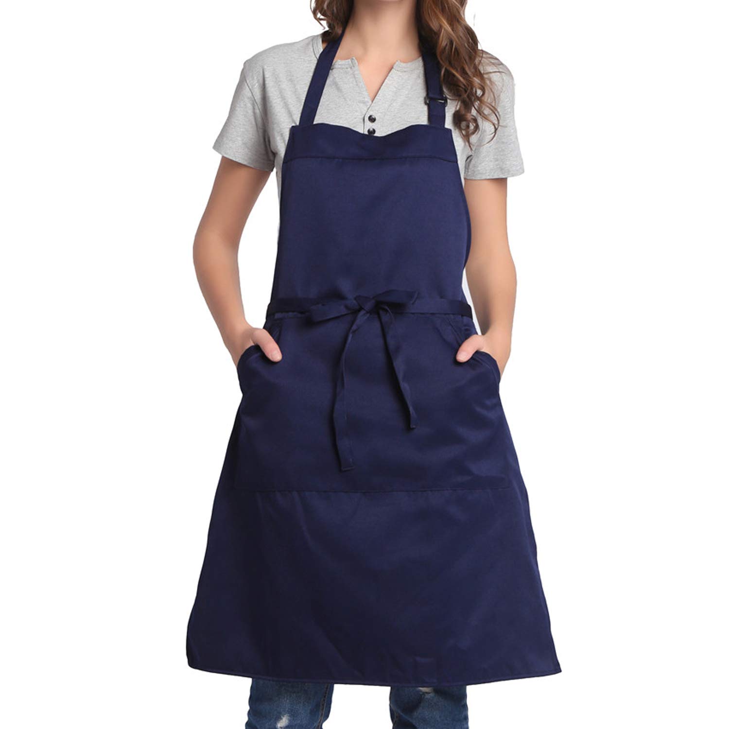 BIGHAS Adjustable Bib Apron with Long Ties for Women Men 18 Colors Chef Kitchen Cooking (Navy)