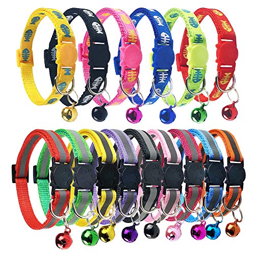 New Starting Point Trading Co., Ltd. 15 Pcs Breakaway Cat Collars Adjustable Colorful Nylon Safety Pet Collar with Bells，Suitable for Small Pet (Printed Fishbone, Reflective)