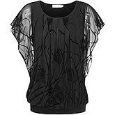 BAISHENGGT Womens Summer Tops Flutter Short Sleeve Pleated Front Mesh Shirts Dressy Casual Blouses