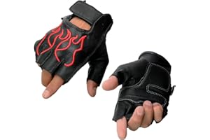 MILWAUKEE MOTORCYCLE CLOTHING CO. Milwaukee Men's Motorcycle Riding Leather Fingerless Gloves w/Flame Embroidery