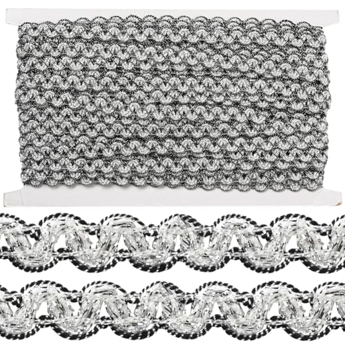 CABODYALS 20M 12mm Black Silver Braid Trim Metallic Decorative Gimp Ribbon Sparkle Lace Upholstery Thin Fabric Polyester Woven Trimmings for Making Sewing Curtain Bags Diy Crafts Dresses Home Decor