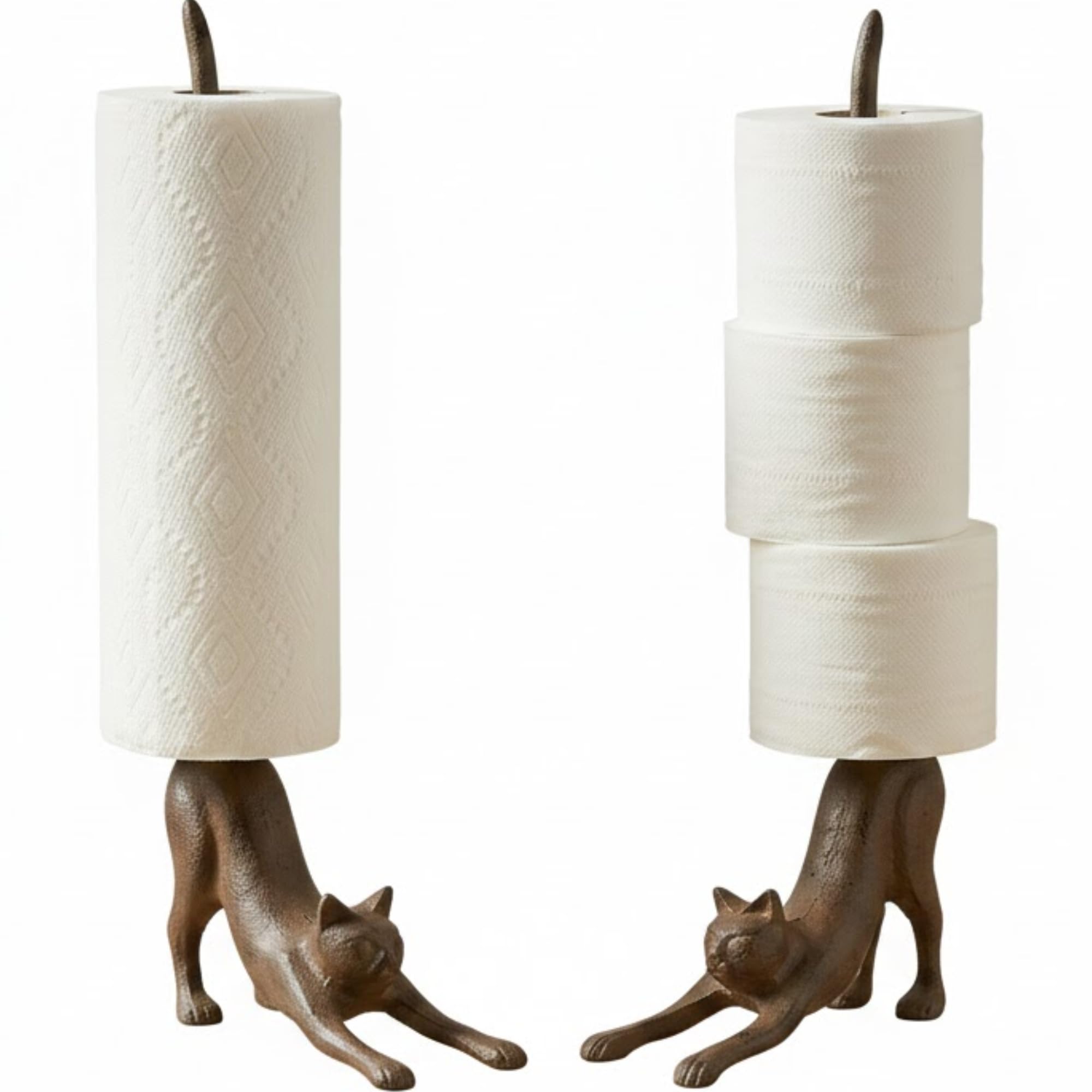 Yoga Cat Decorative Paper Towel Holder or Toilet Paper Holder by Comfify - Adorable “Downward Dog” Pose Kitty- Cast Iron Paper Towel Stand - Antiqued Cast Iron Storage - Multiple uses - 48cm tall.