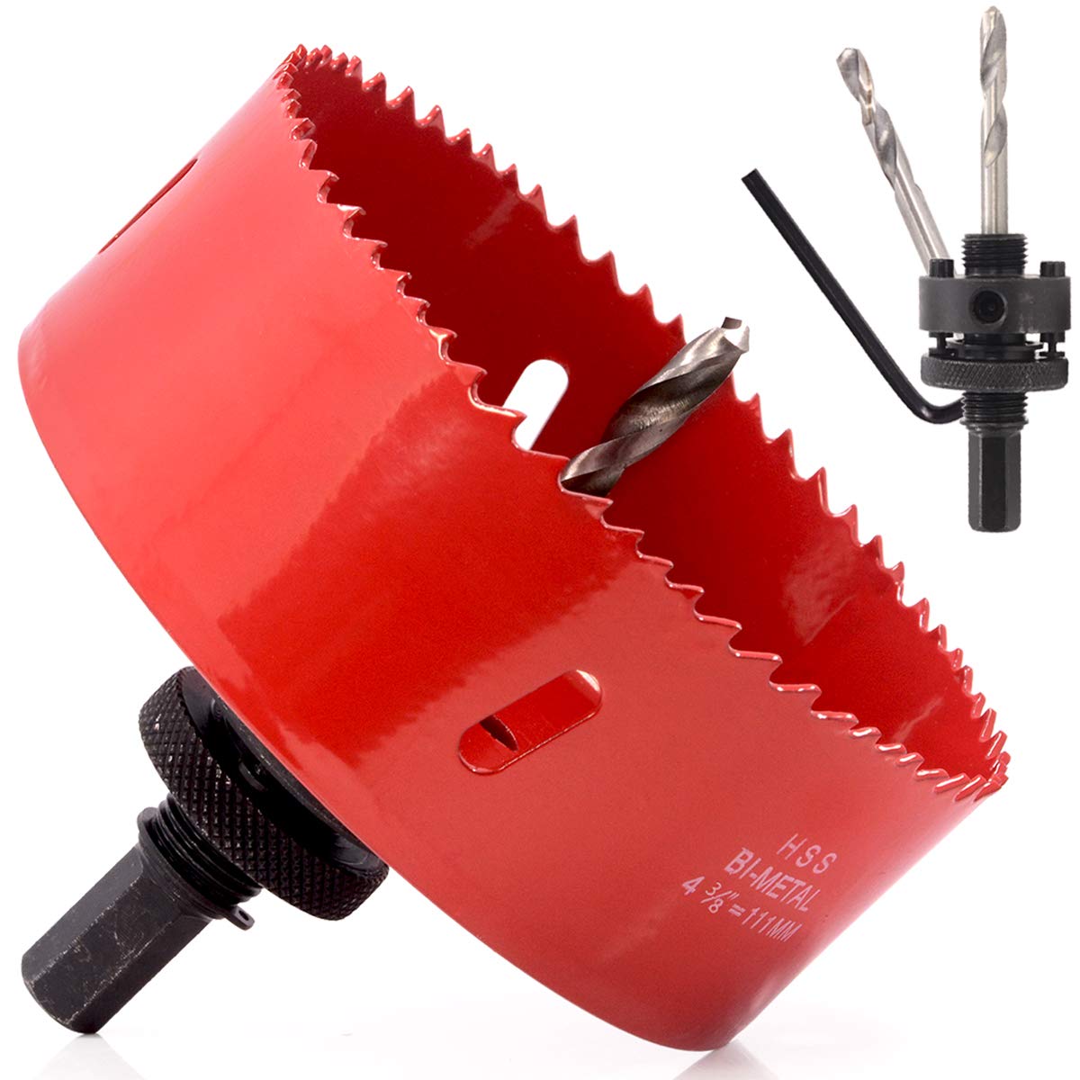 Photo 1 of Koopi 4-3/8" Hole Saw with Heavy Duty Arbor, 38mm Depth Bi-Metal 1.5 inch Hole Cutter for Easily Drilling Wood, Plastic, Plywood, Drywall, Thin Metal (111mm)