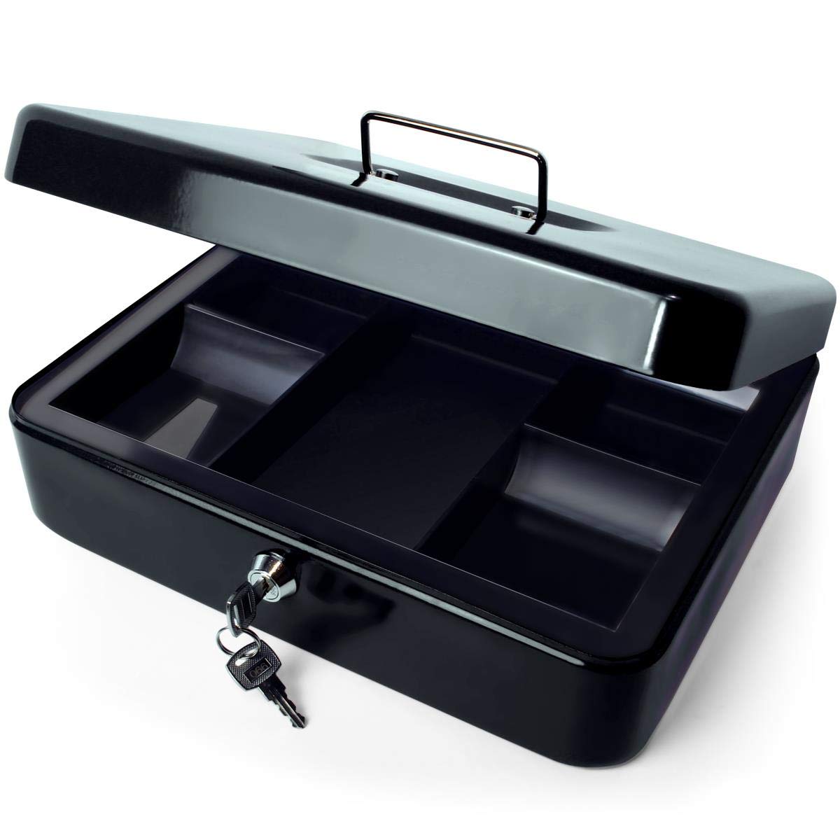 iGadgitz Home U7171 Petty Cash Box with Keys and Coin Tray, Petty Cash Tin, Money Tin -Black -12" (30cm)