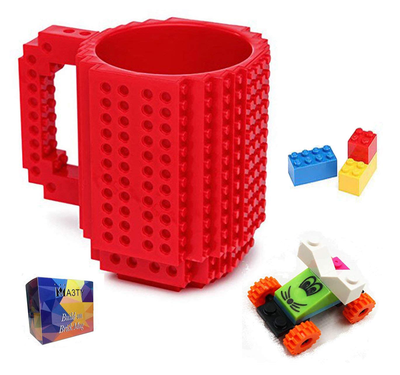 MA3TY Build-On Brick Mug DIY Creative Building Block Mug Coffee Cups Novelty Gift with Three of Bag of Blocks for Men Women Christmas Father's Day Gifts(Red)